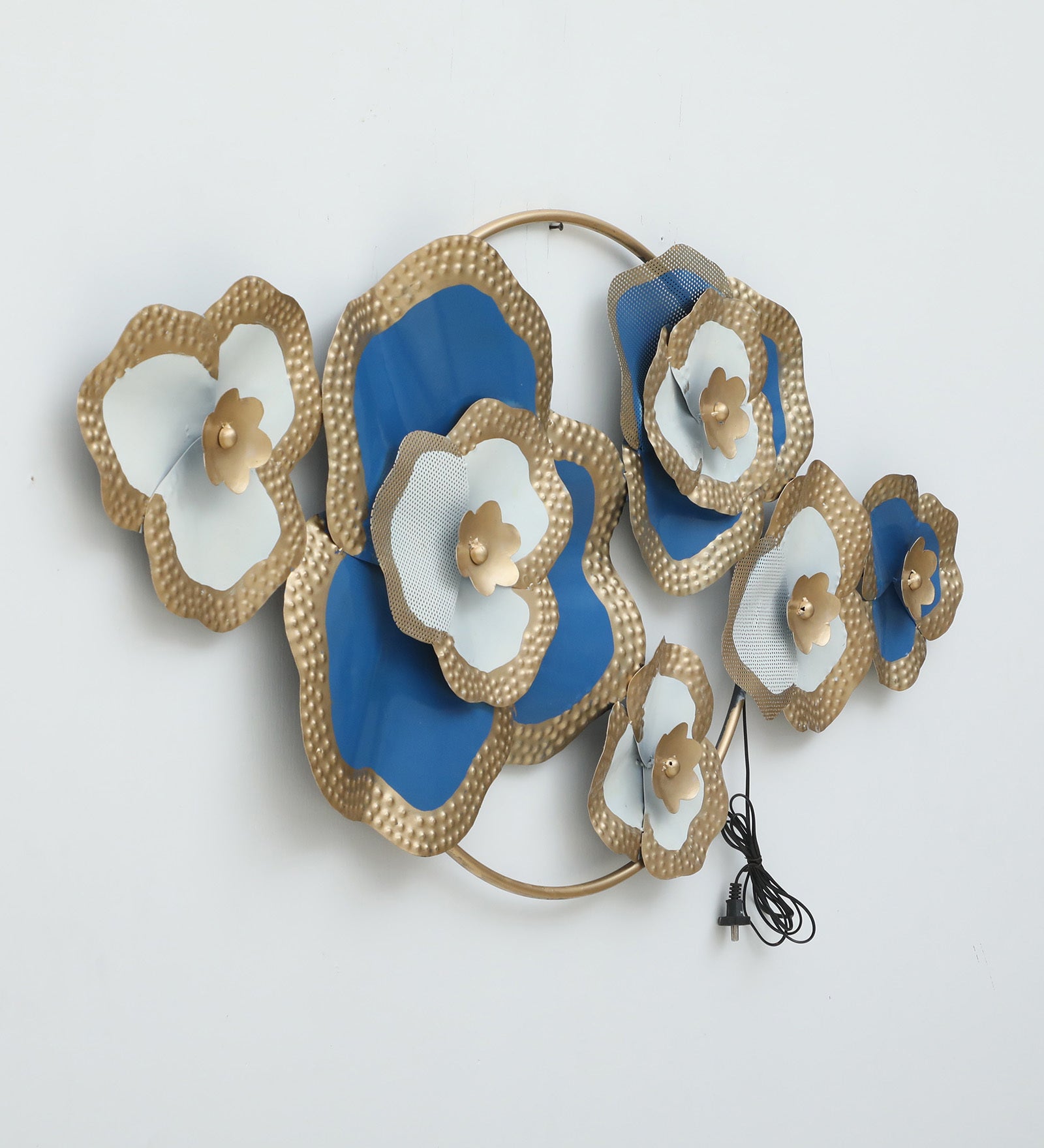 Elegant Blue & Gold Floral Metal Wall Art with LED Lights (51 x 26 Inch)