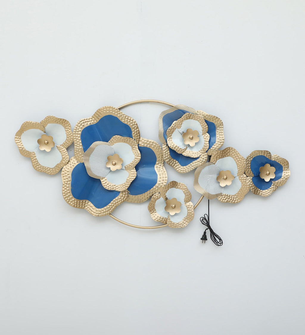 Elegant Blue & Gold Floral Metal Wall Art with LED Lights (51 x 26 Inch)