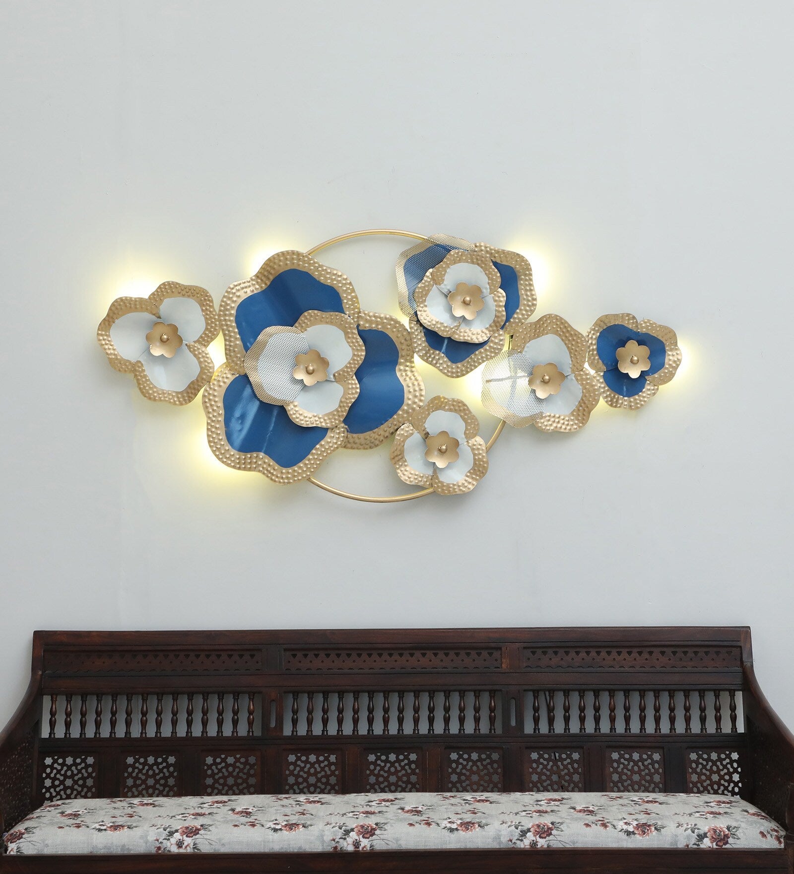 Elegant Blue & Gold Floral Metal Wall Art with LED Lights (51 x 26 Inch)