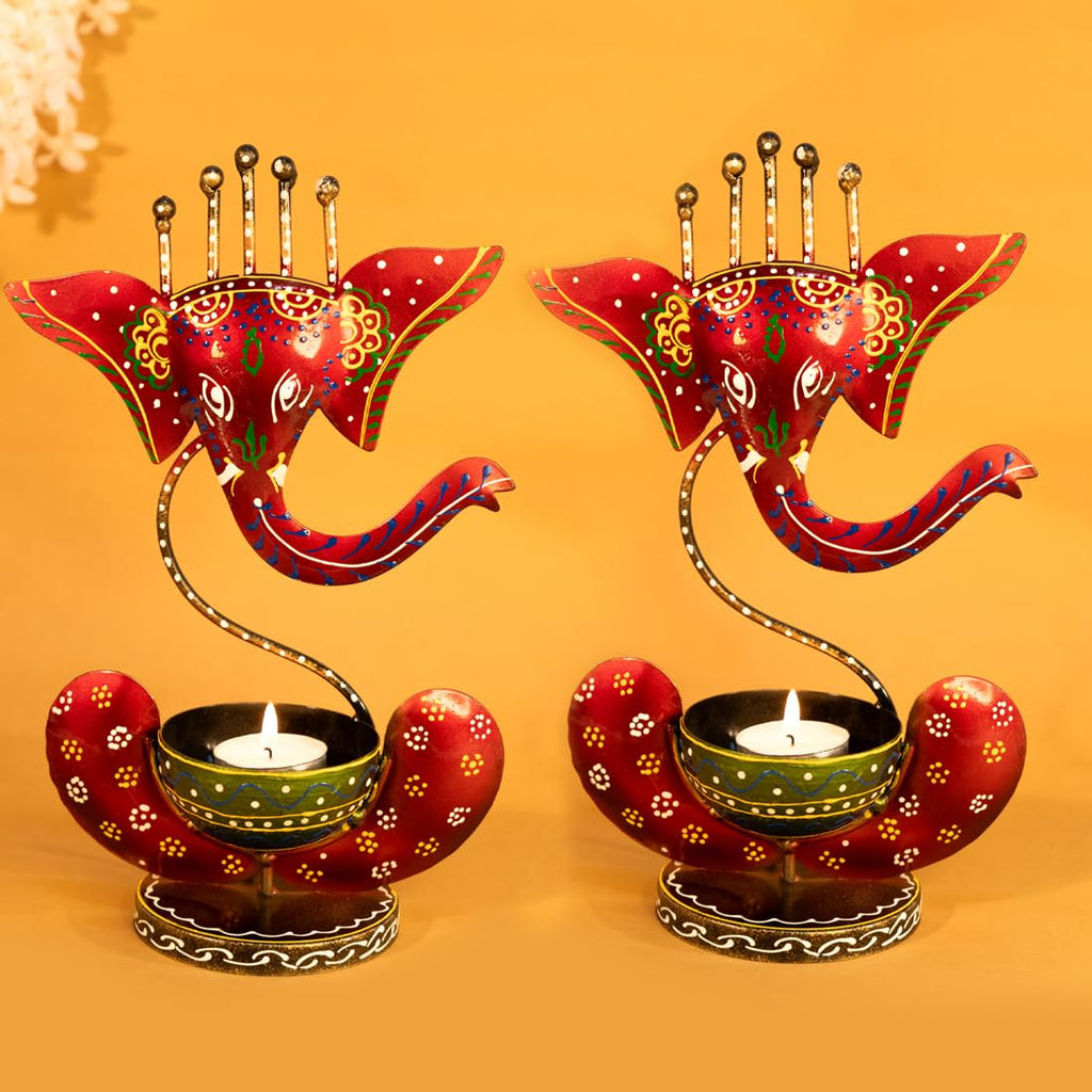 Handcrafted Red Metal Ganesha Tea Light Candle Holder pack of 2