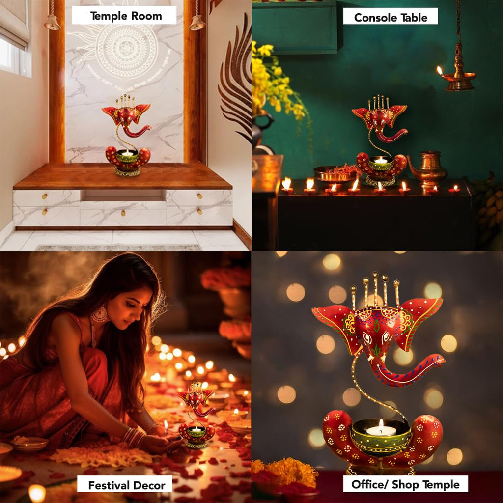Handcrafted Red Metal Ganesha Tea Light Candle Holder pack of 2