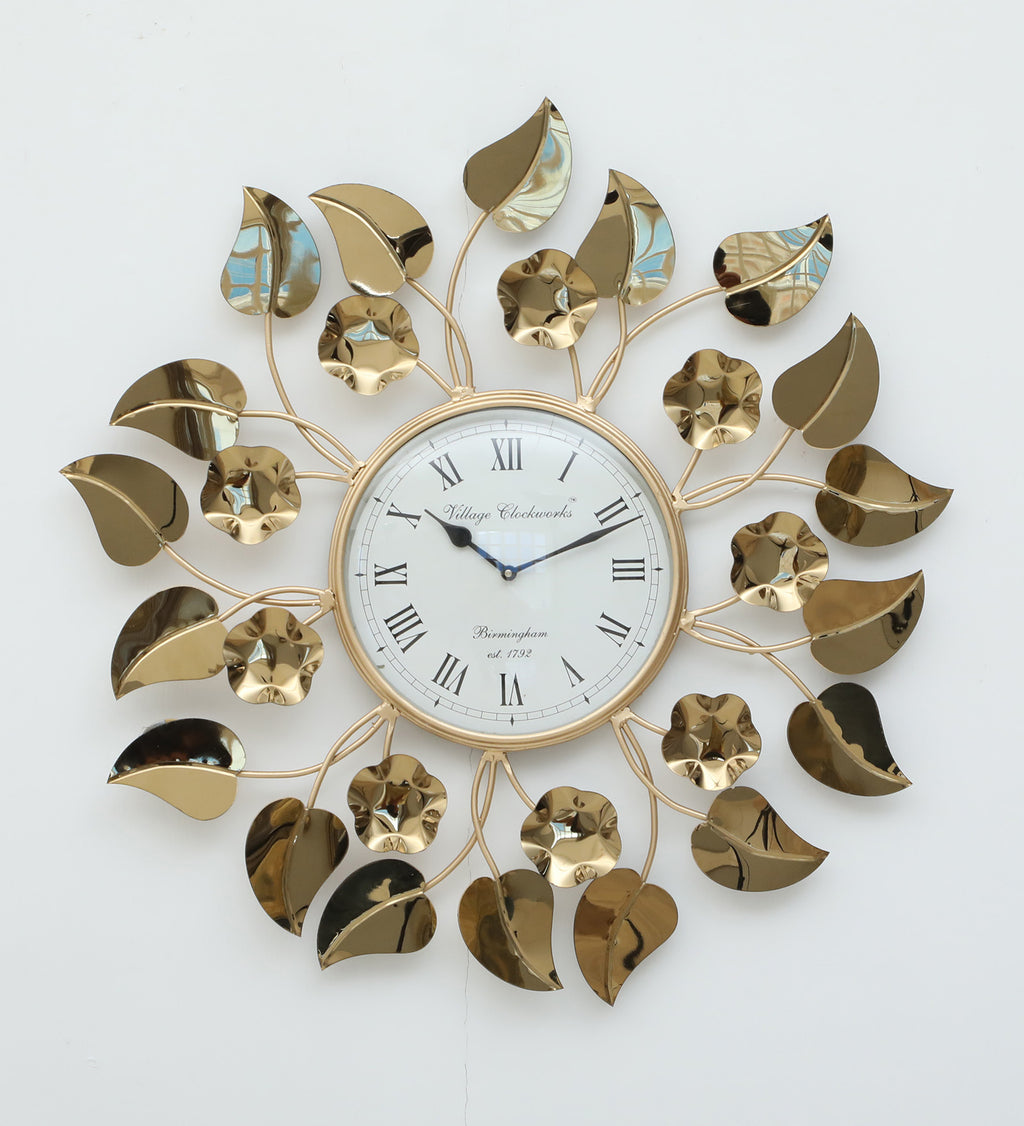 Golden Leaf Metal Wall Clock – Luxury Decorative Timepiece for Modern Homes