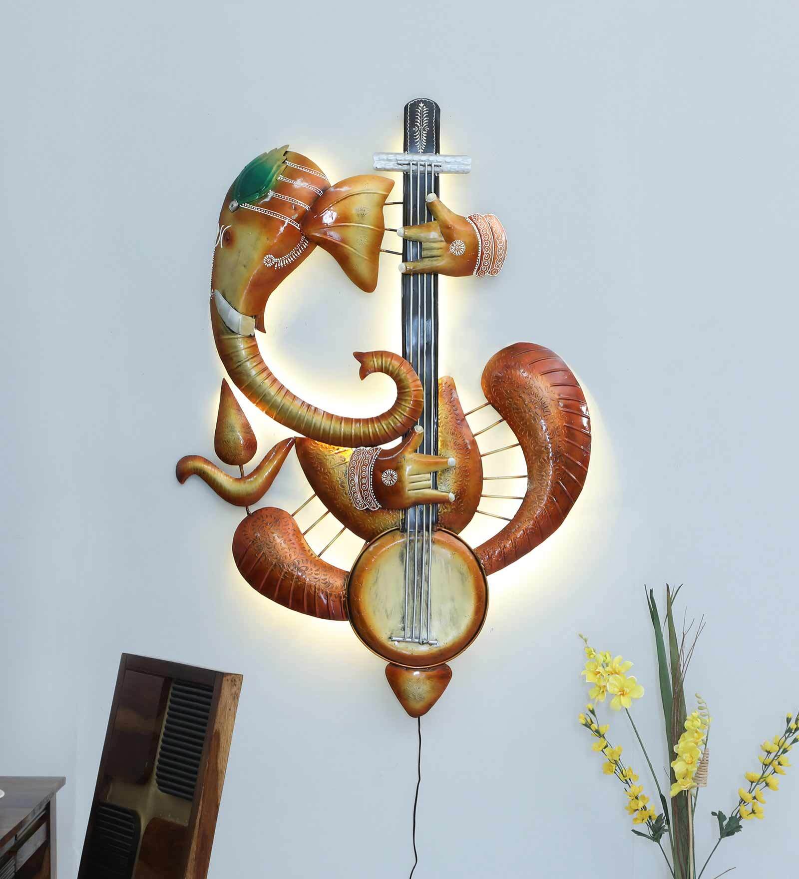 Divine Ganesha with Veena Metal Wall Art