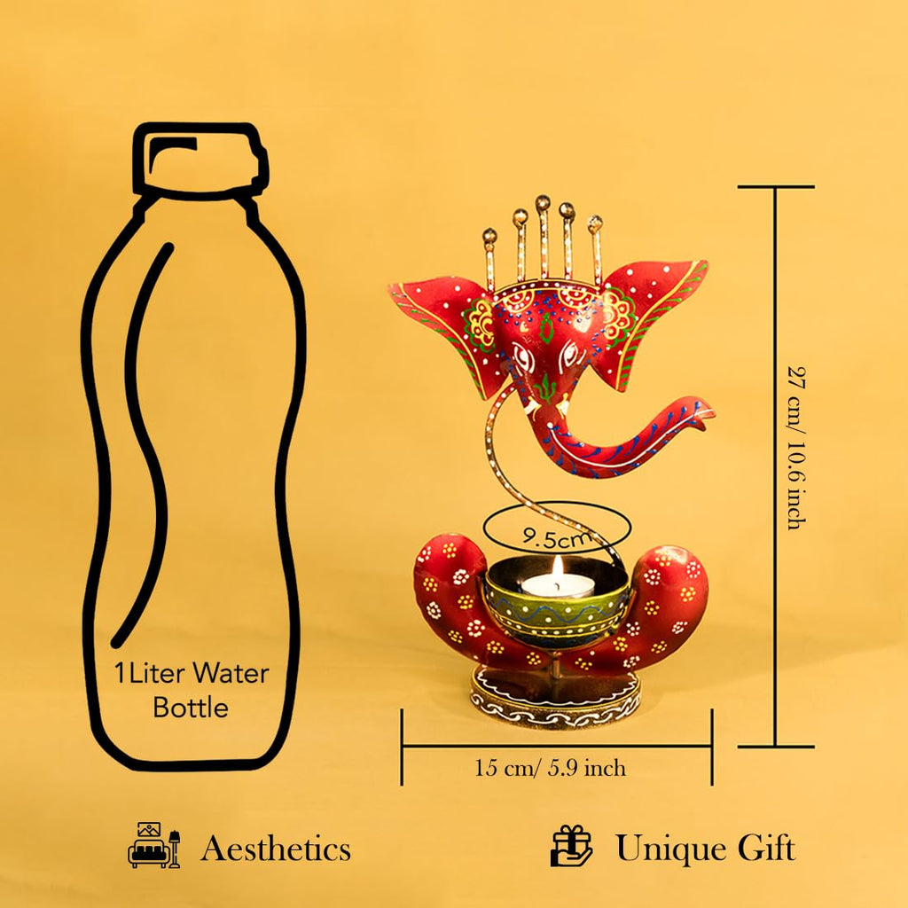 Handcrafted Red Metal Ganesha Tea Light Candle Holder | Decorative Showpiece for Home & Gift (27cm x 15cm)