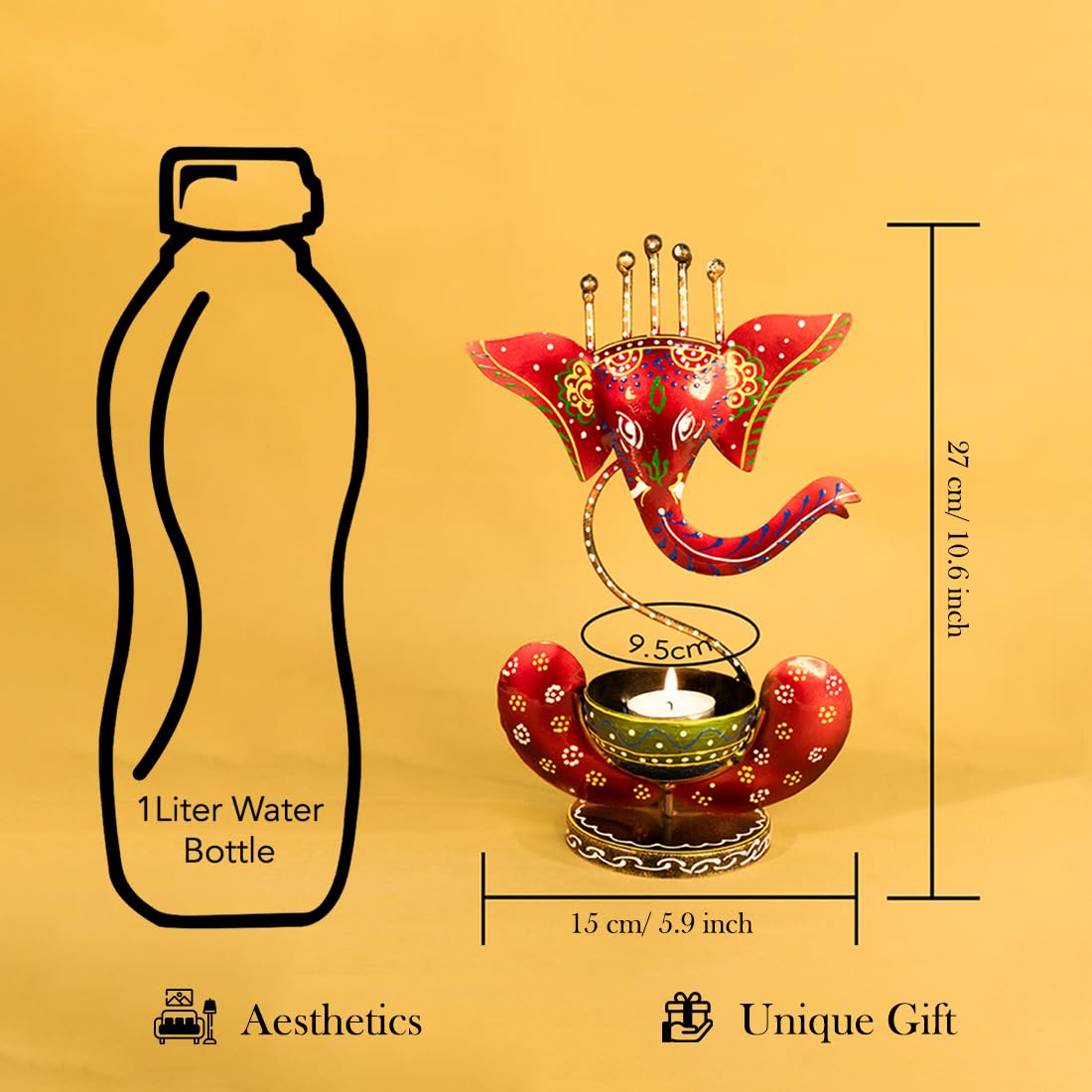 Handcrafted Red Metal Ganesha Tea Light Candle Holder | Decorative Showpiece for Home & Gift (27cm x 15cm)