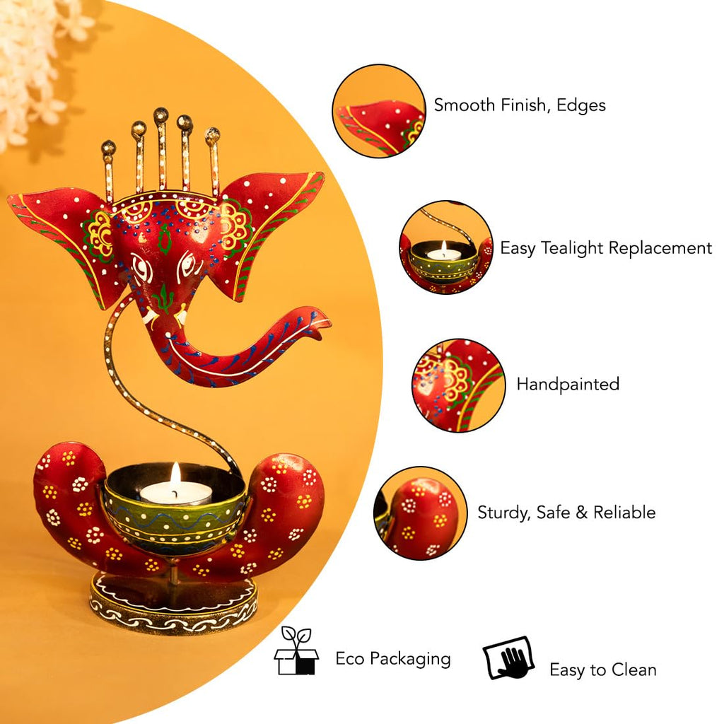 Handcrafted Red Metal Ganesha Tea Light Candle Holder | Decorative Showpiece for Home & Gift (27cm x 15cm)