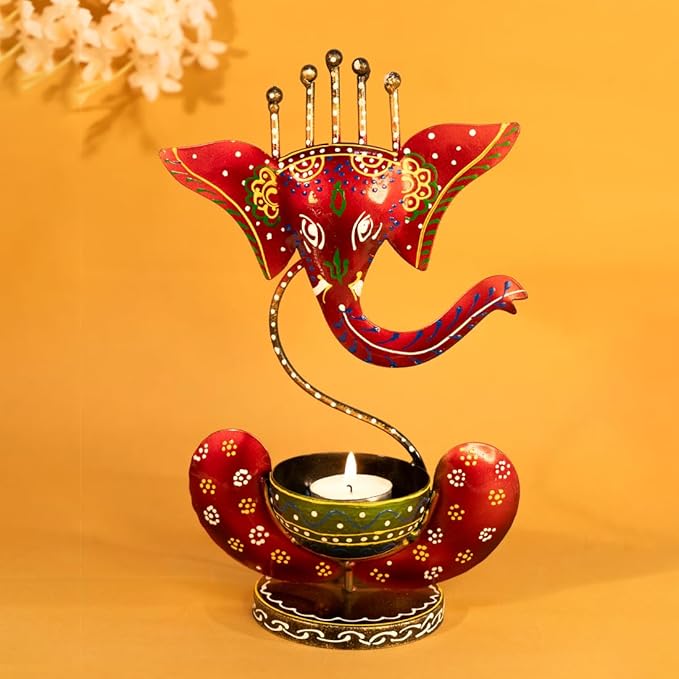 Handcrafted Red Metal Ganesha Tea Light Candle Holder | Decorative Showpiece for Home & Gift (27cm x 15cm)