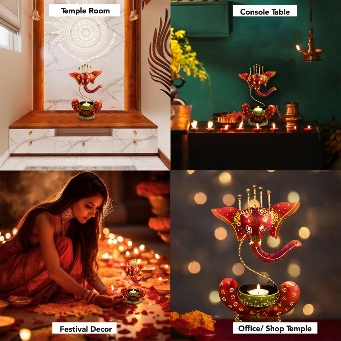 Handcrafted Red Metal Ganesha Tea Light Candle Holder | Decorative Showpiece for Home & Gift (27cm x 15cm)