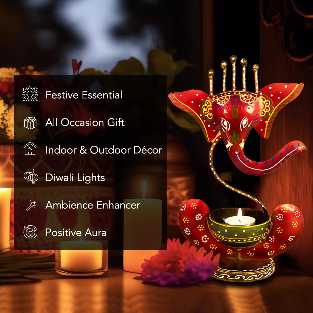 Handcrafted Red Metal Ganesha Tea Light Candle Holder | Decorative Showpiece for Home & Gift (27cm x 15cm)