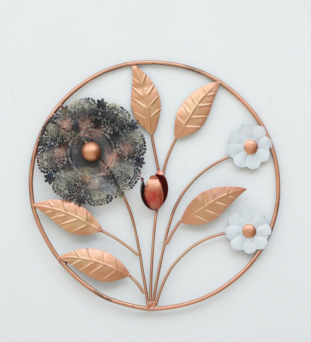 Elegant Floral Metal Wall Art – Copper & White Bloom Design