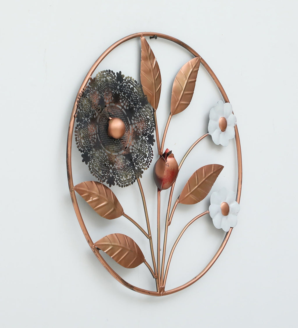 Elegant Floral Metal Wall Art – Copper & White Bloom Design