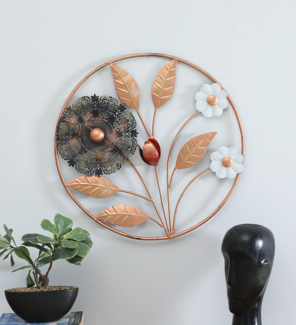 Elegant Floral Metal Wall Art – Copper & White Bloom Design