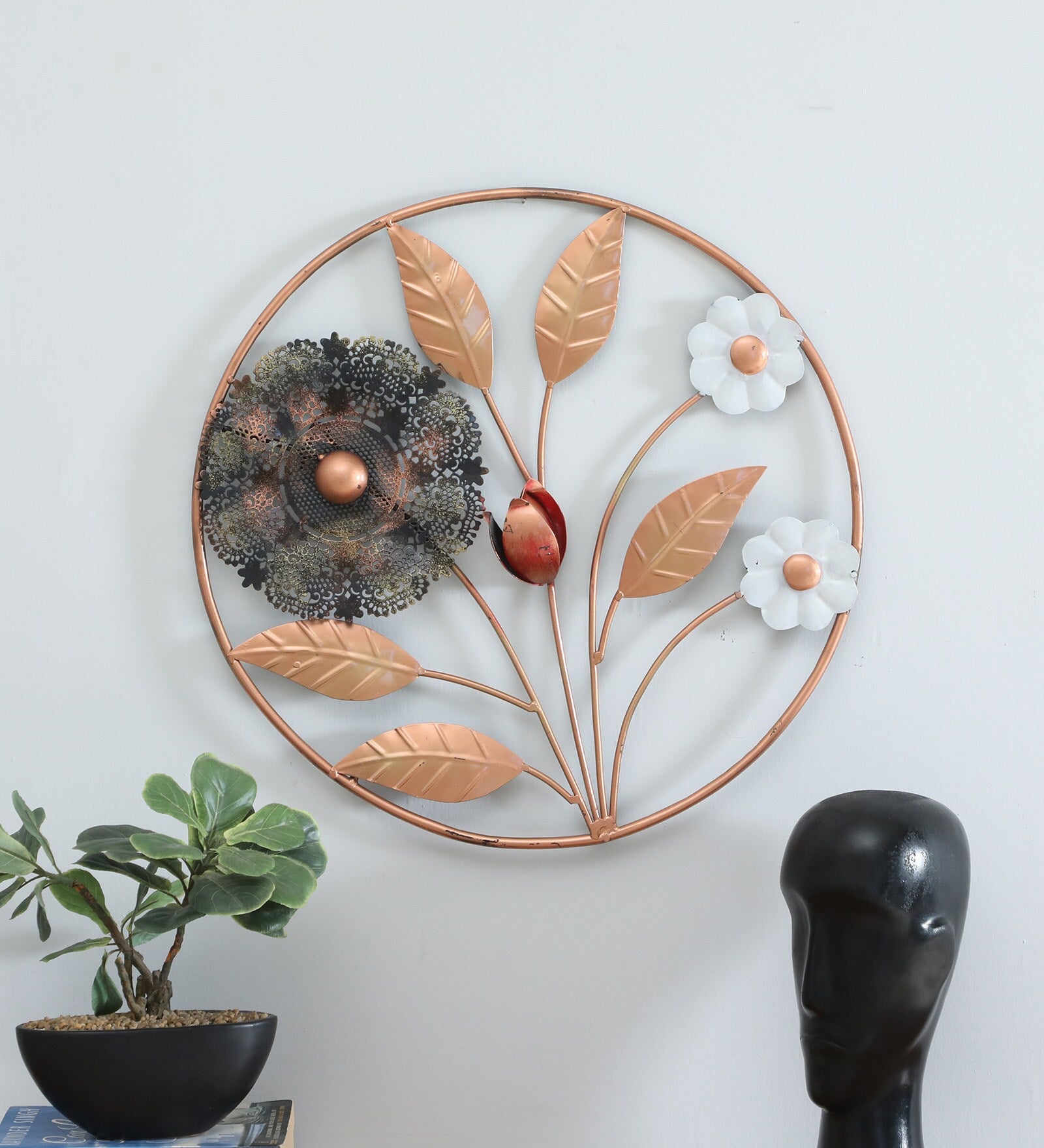 Elegant Floral Metal Wall Art – Copper & White Bloom Design