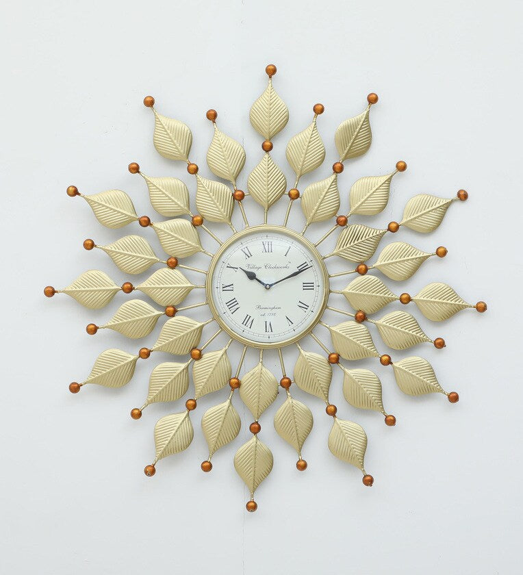 Elegant Golden Leaf Metal Wall Clock – Artistic Home Décor Piece