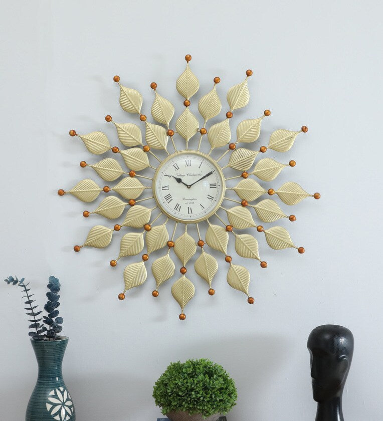 Elegant Golden Leaf Metal Wall Clock – Artistic Home Décor Piece