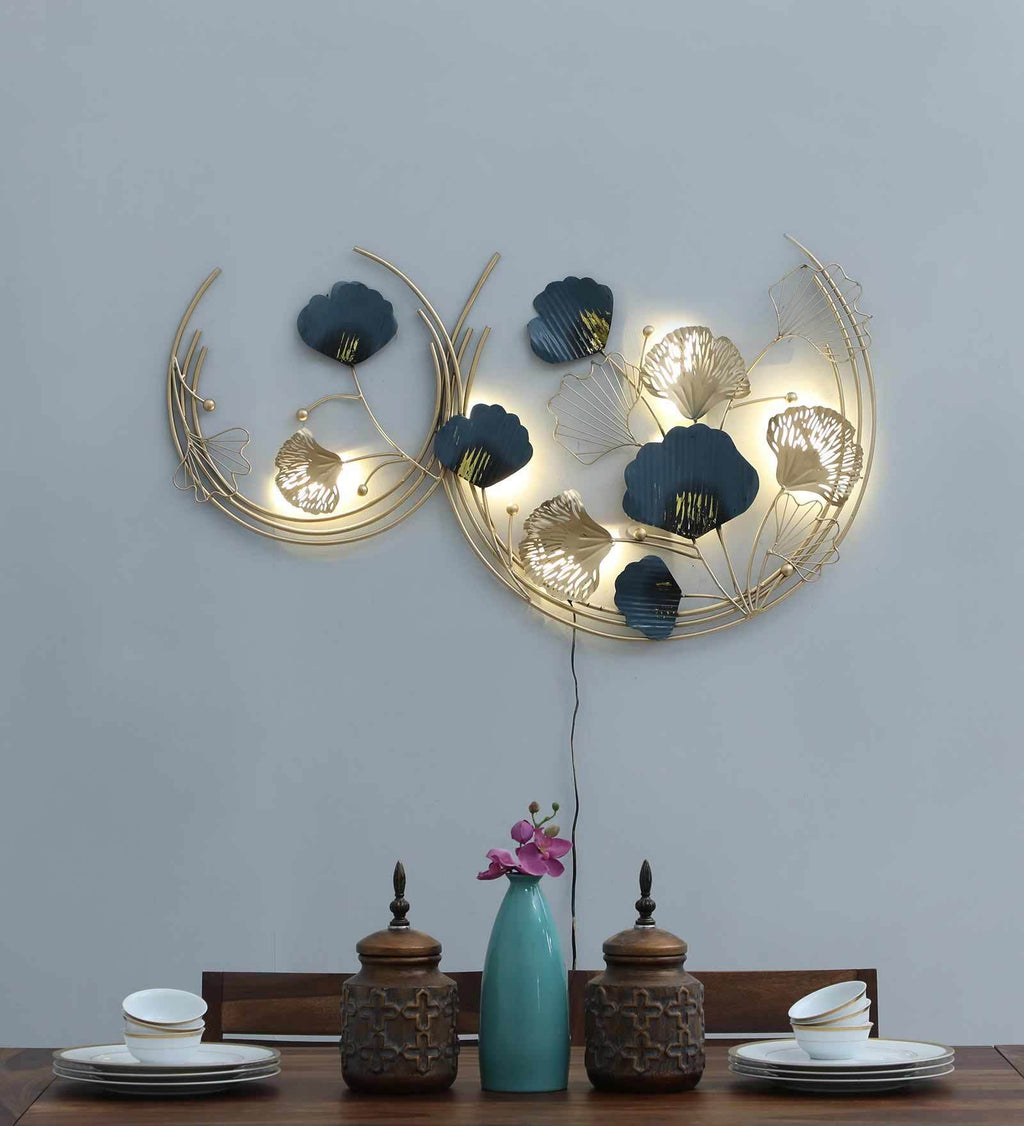 Golden Bloom Dual Circle Metal Wall Art with LED Light