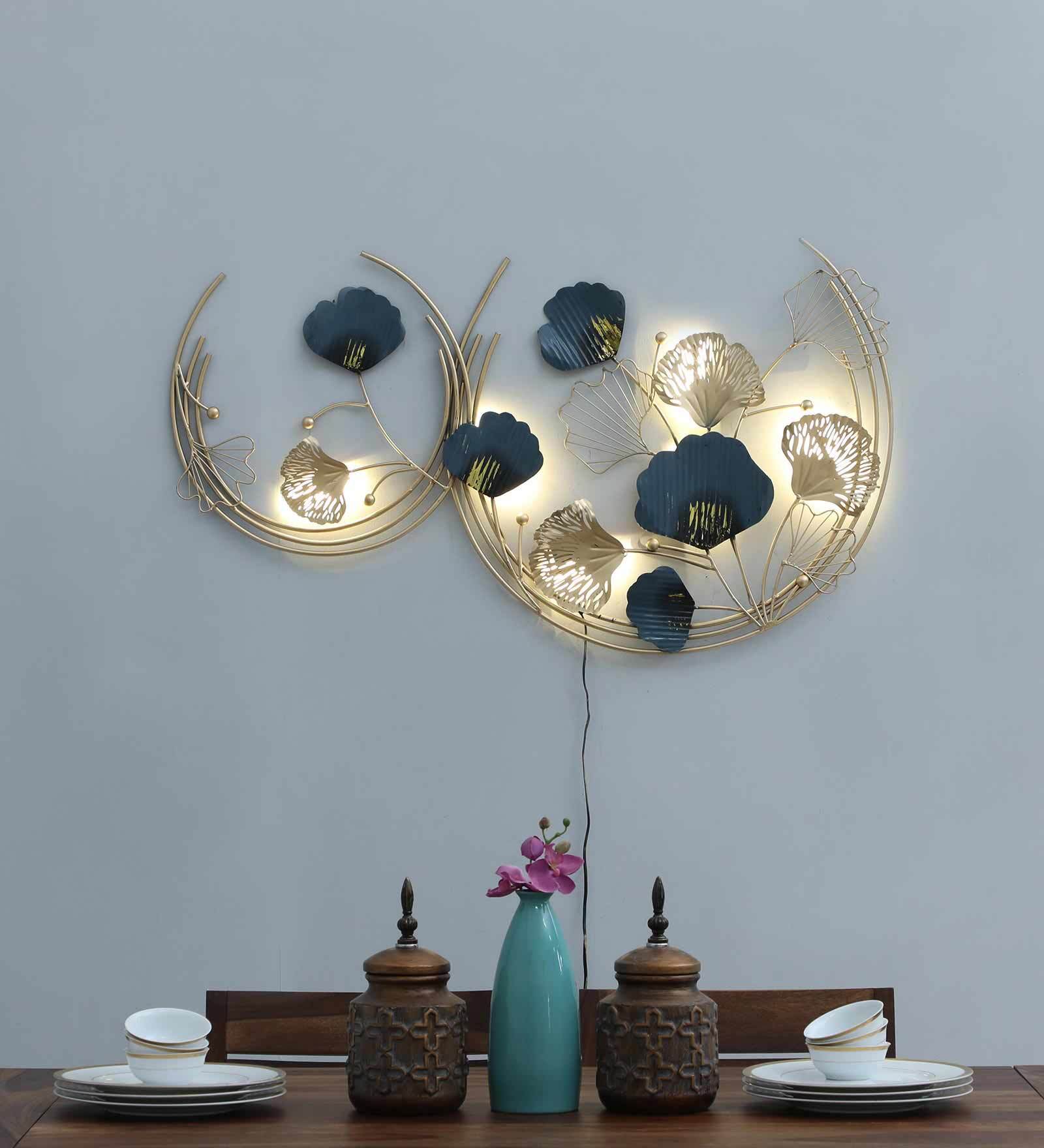 Golden Bloom Dual Circle Metal Wall Art with LED Light