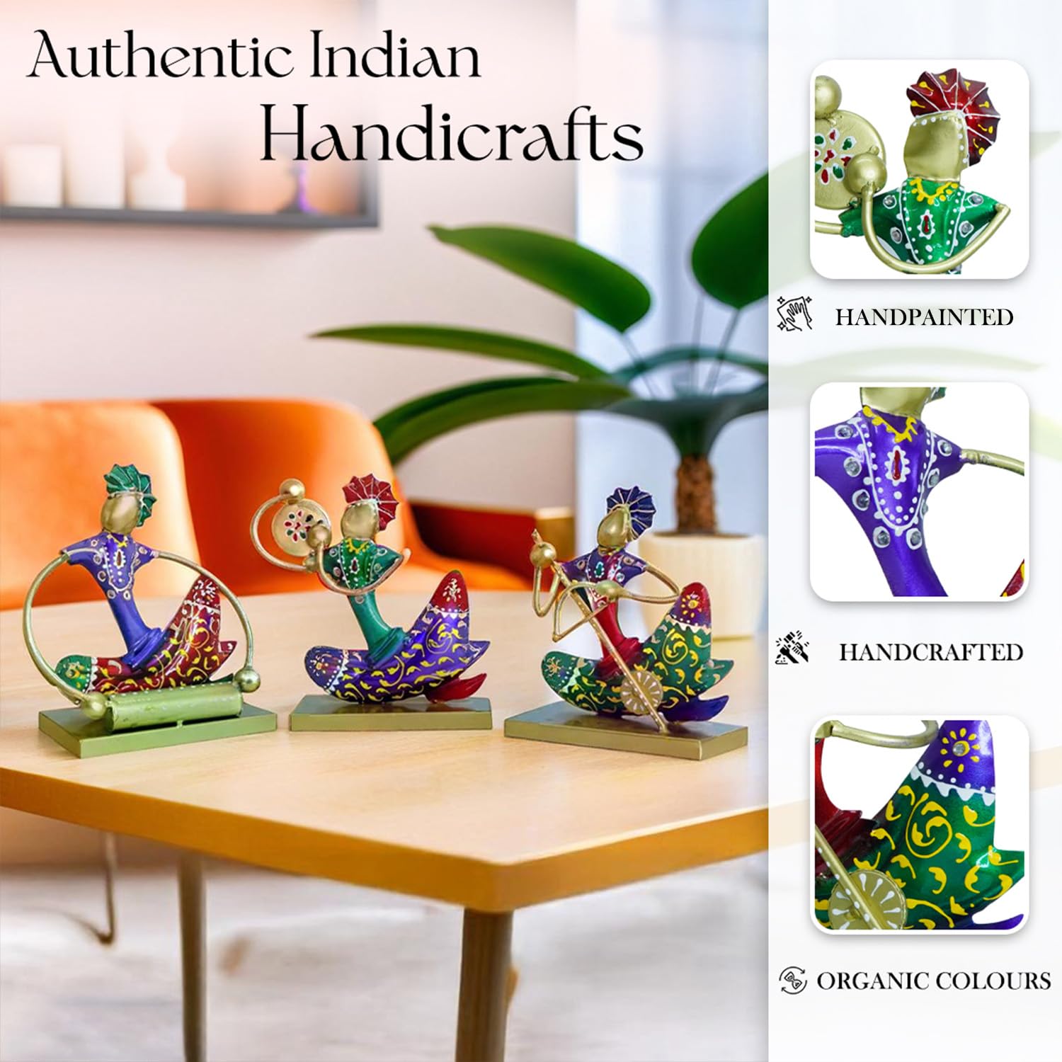 Handcrafted Colorful Tribal Musician Figurine Set – Metal Art Home Decor (Set of 3)