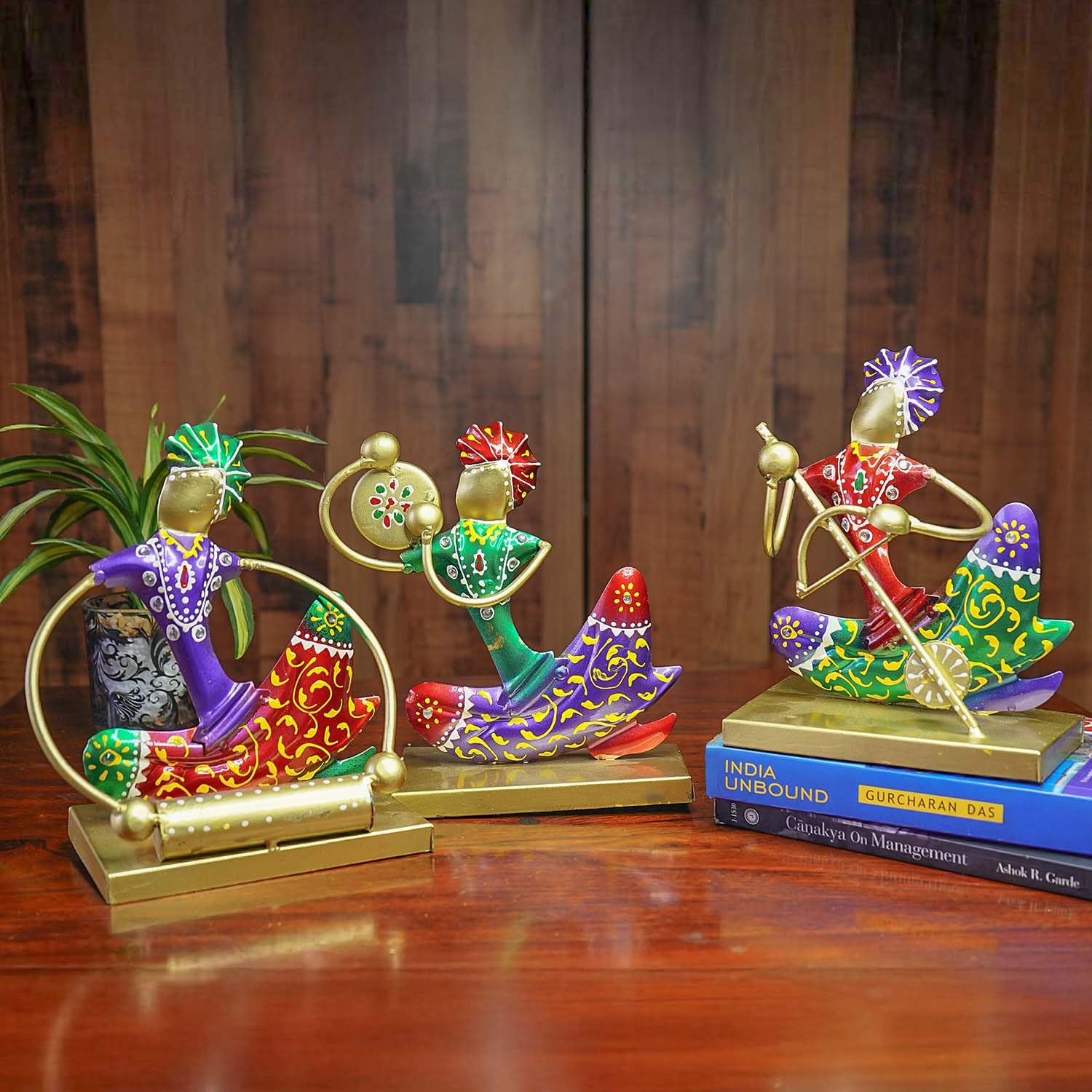 Handcrafted Colorful Tribal Musician Figurine Set – Metal Art Home Decor (Set of 3)