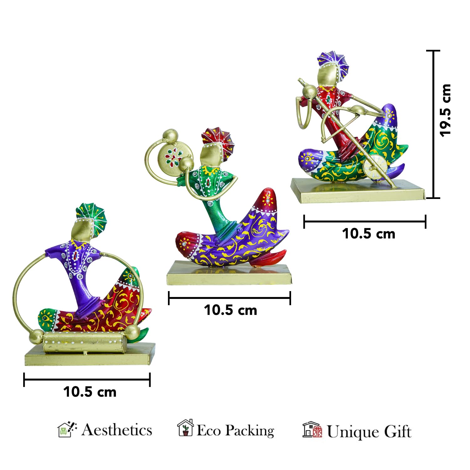 Handcrafted Colorful Tribal Musician Figurine Set – Metal Art Home Decor (Set of 3)