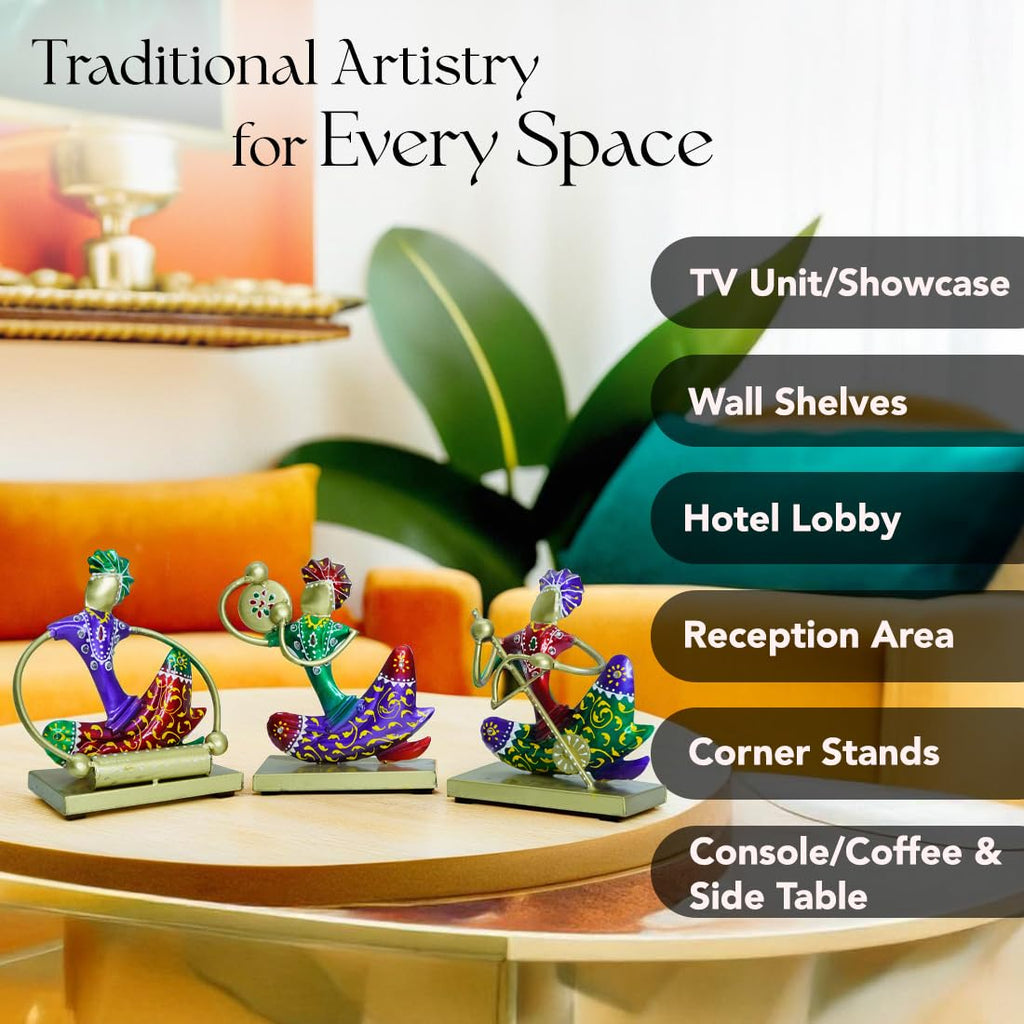 Handcrafted Colorful Tribal Musician Figurine Set – Metal Art Home Decor (Set of 3)