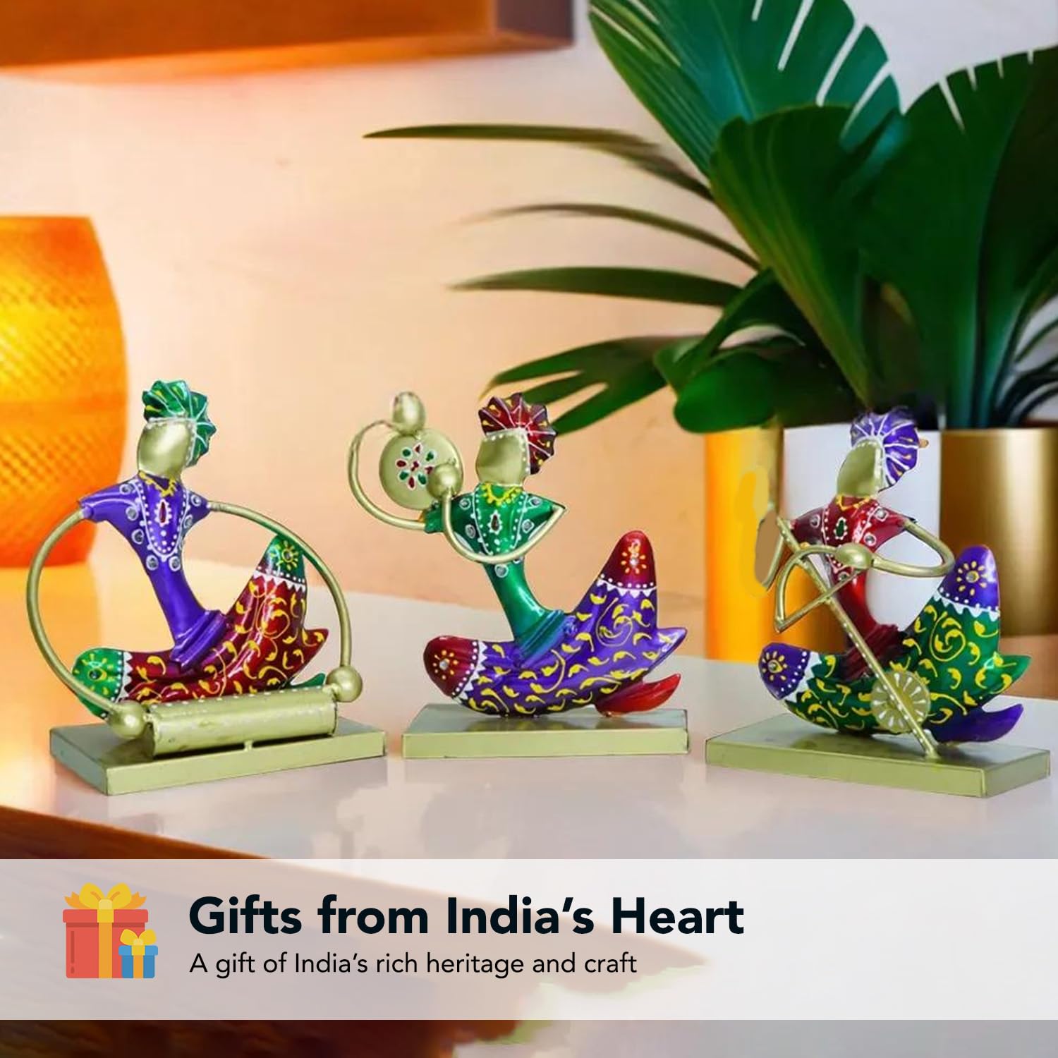 Handcrafted Colorful Tribal Musician Figurine Set – Metal Art Home Decor (Set of 3)