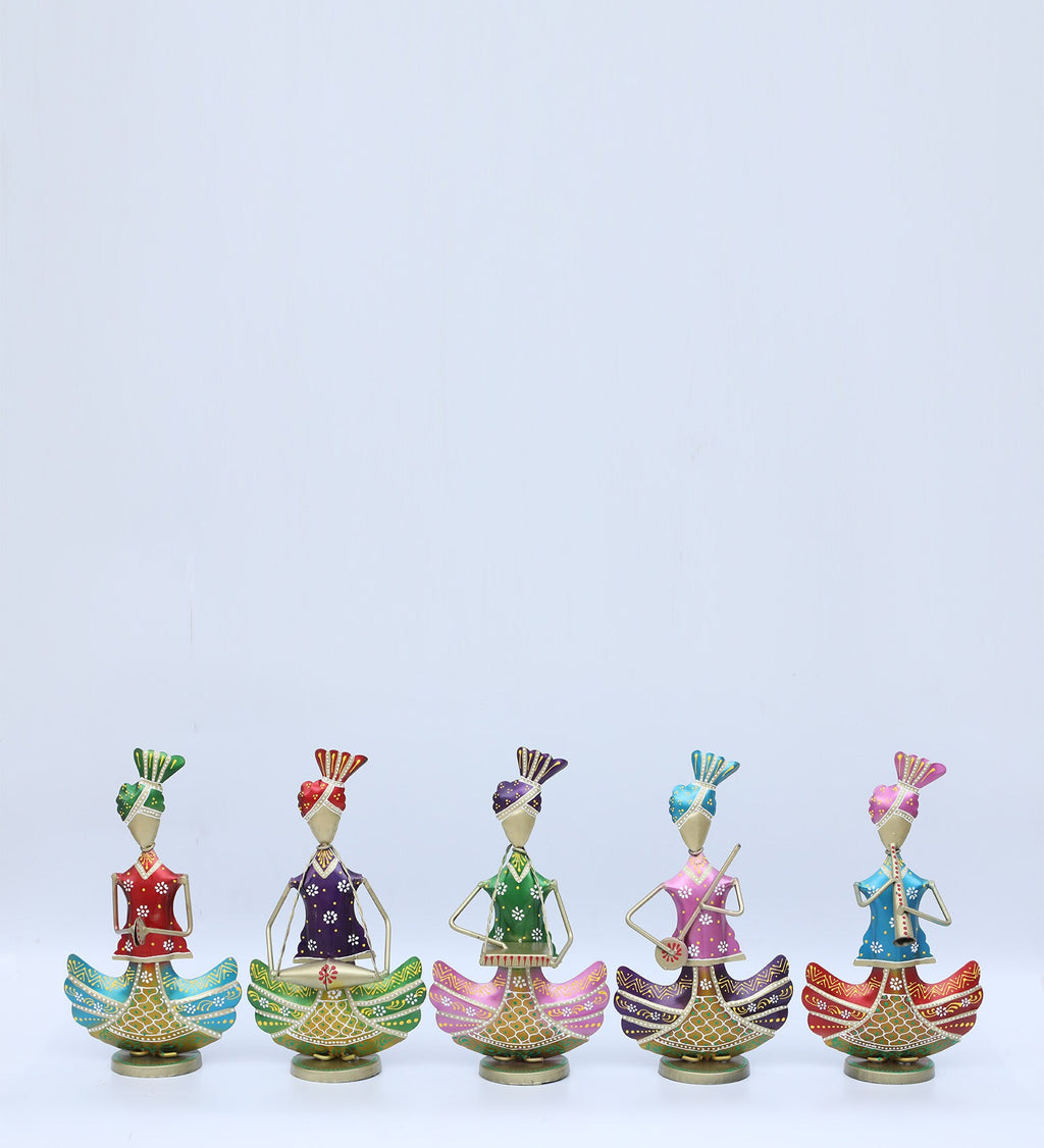Handcrafted Colorful Tribal Musician Figurine Set – Traditional Metal Art Decor (Set of 5)