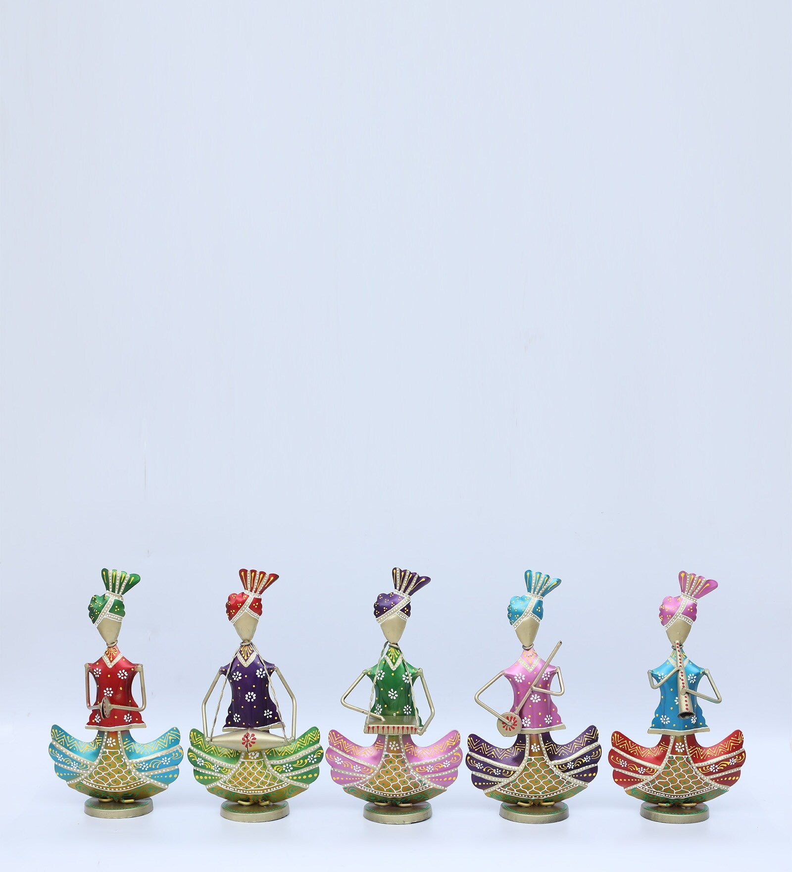 Handcrafted Colorful Tribal Musician Figurine Set – Traditional Metal Art Decor (Set of 5)