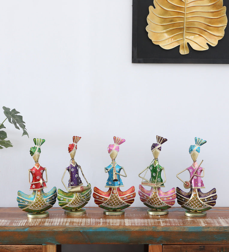 Handcrafted Colorful Tribal Musician Figurine Set – Traditional Metal Art Decor (Set of 5)