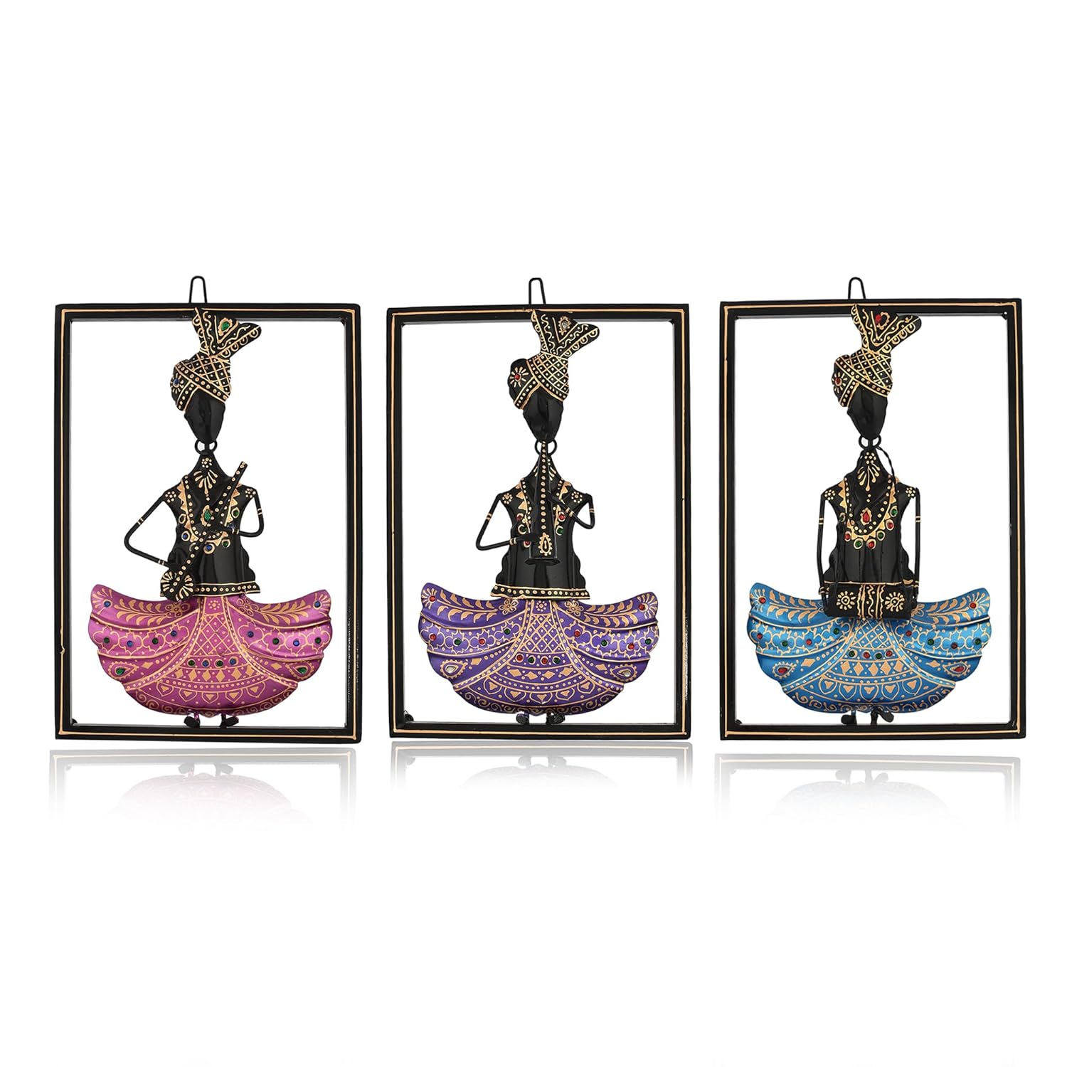 Handcrafted Tribal Musician Wall Art Set – Framed Metal Wall Hanging Decor (Set of 3)