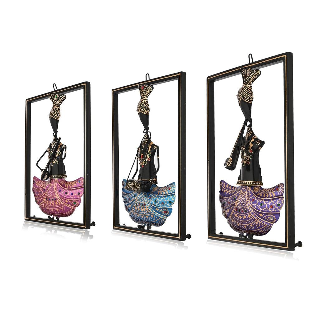 Handcrafted Tribal Musician Wall Art Set – Framed Metal Wall Hanging Decor (Set of 3)