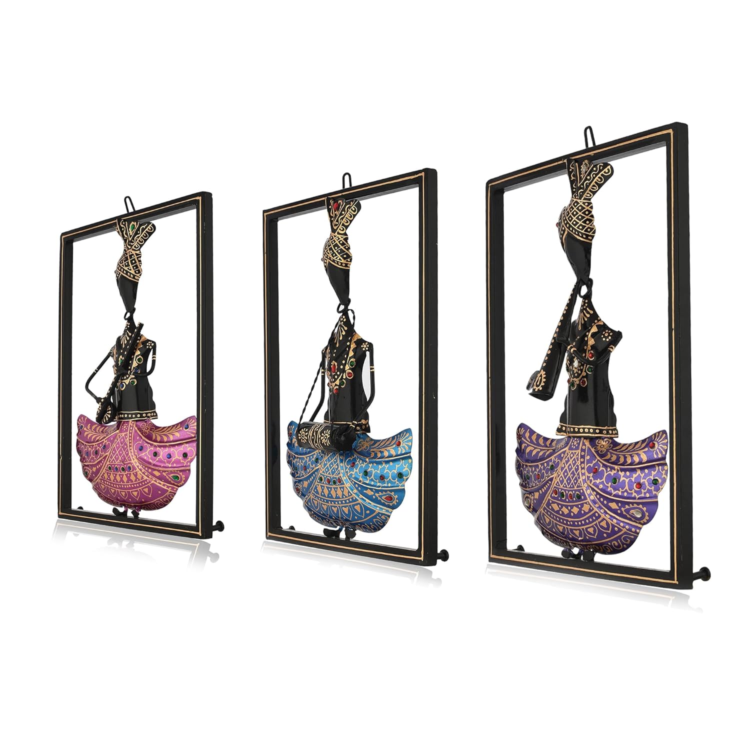 Handcrafted Tribal Musician Wall Art Set – Framed Metal Wall Hanging Decor (Set of 3)
