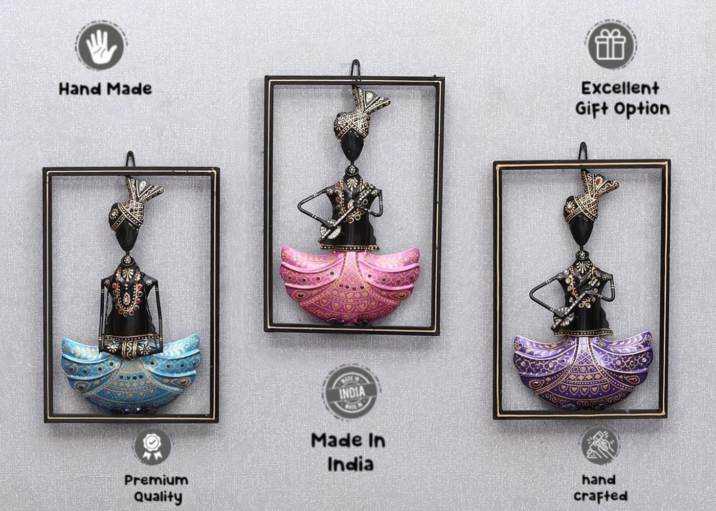 Handcrafted Tribal Musician Wall Art Set – Framed Metal Wall Hanging Decor (Set of 3)