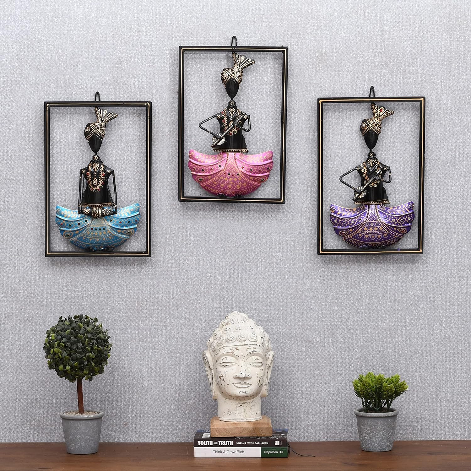 Handcrafted Tribal Musician Wall Art Set – Framed Metal Wall Hanging Decor (Set of 3)