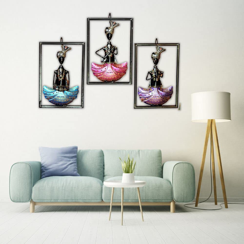 Handcrafted Tribal Musician Wall Art Set – Framed Metal Wall Hanging Decor (Set of 3)