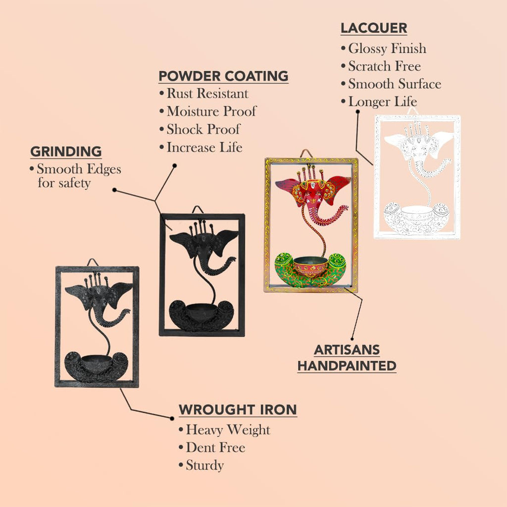 Handcrafted Lord Ganesha Metal Wall Art with Diya Holder – Ethnic Frame Decor