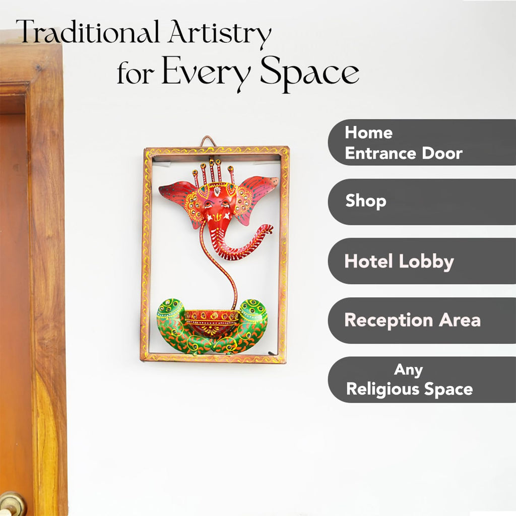 Handcrafted Lord Ganesha Metal Wall Art with Diya Holder – Ethnic Frame Decor