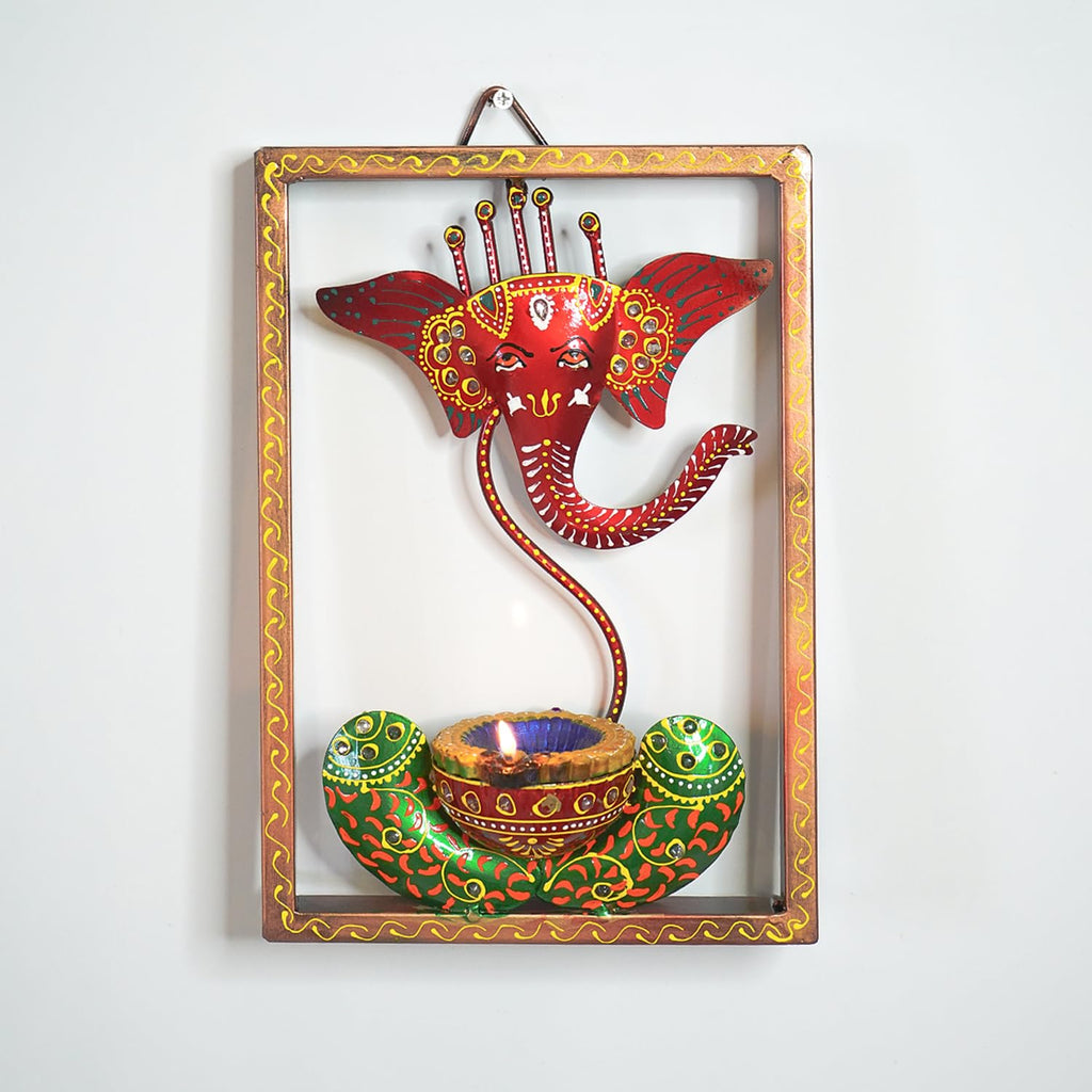 Handcrafted Lord Ganesha Metal Wall Art with Diya Holder – Ethnic Frame Decor