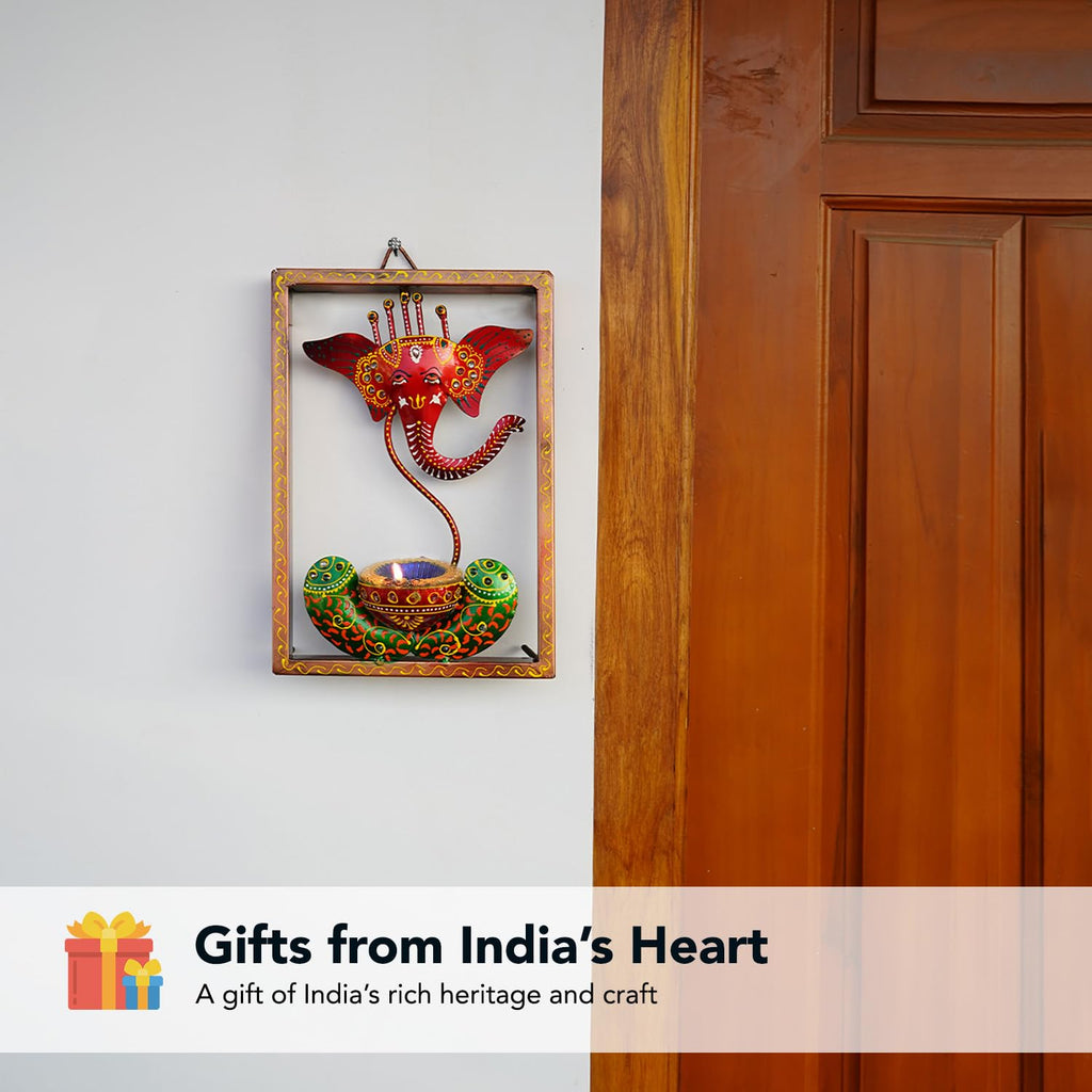 Handcrafted Lord Ganesha Metal Wall Art with Diya Holder – Ethnic Frame Decor