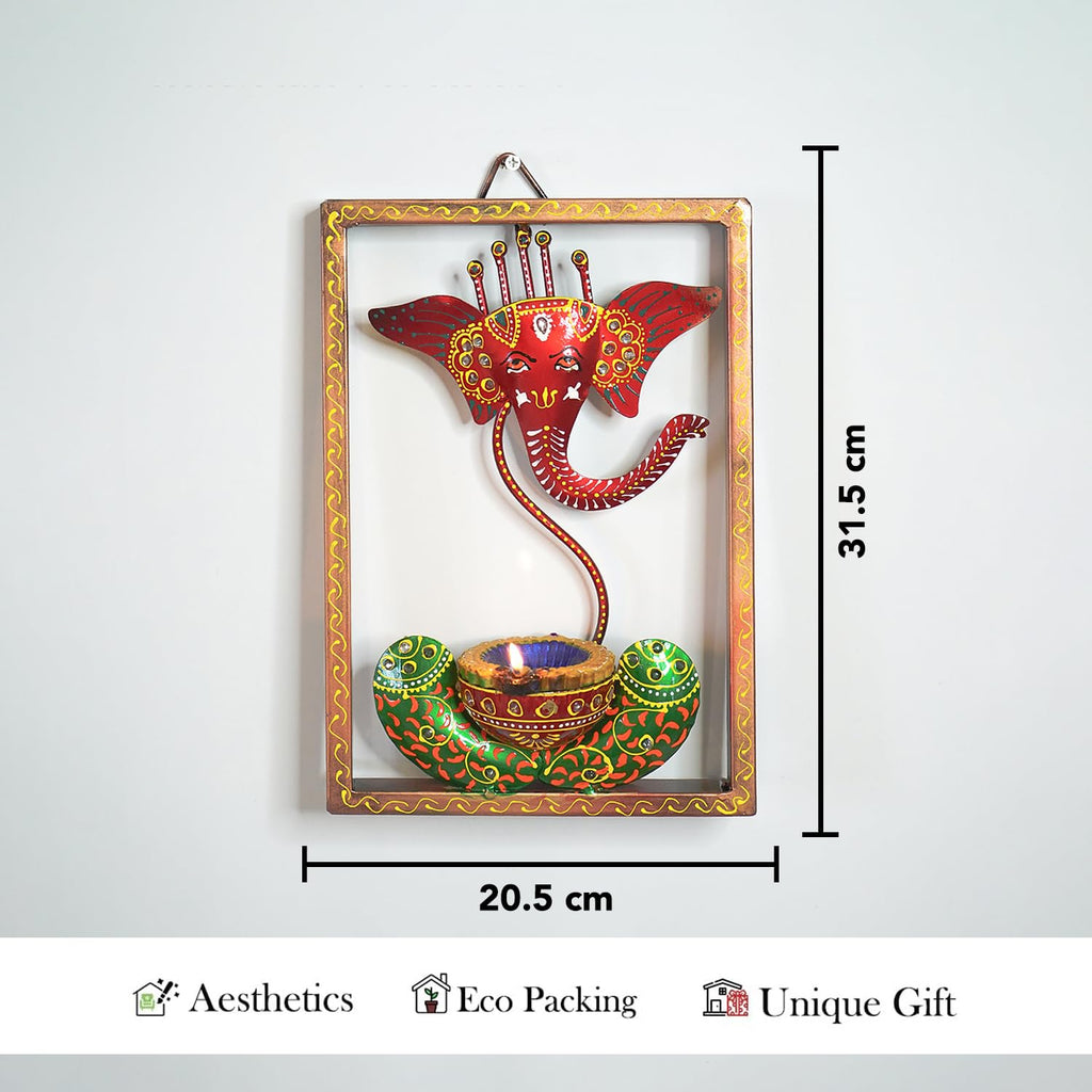 Handcrafted Lord Ganesha Metal Wall Art with Diya Holder – Ethnic Frame Decor
