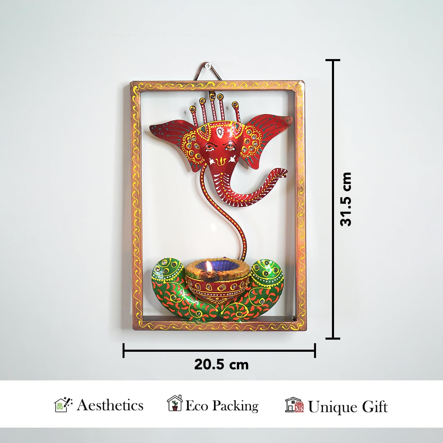 Handcrafted Lord Ganesha Metal Wall Art with Diya Holder – Ethnic Frame Decor
