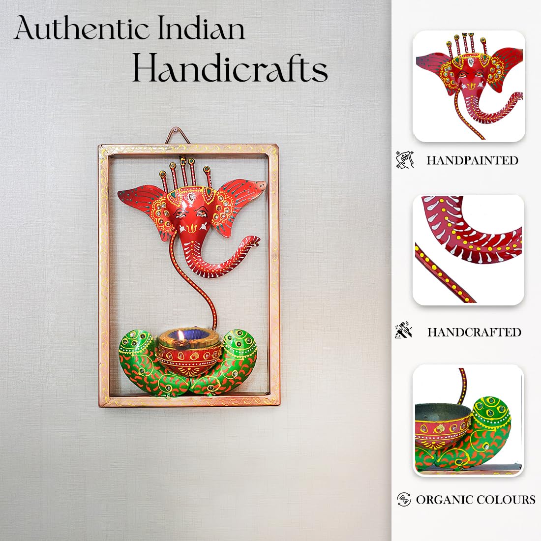 Handcrafted Lord Ganesha Metal Wall Art with Diya Holder – Ethnic Frame Decor