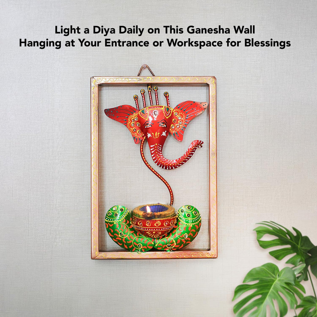 Handcrafted Lord Ganesha Metal Wall Art with Diya Holder – Ethnic Frame Decor