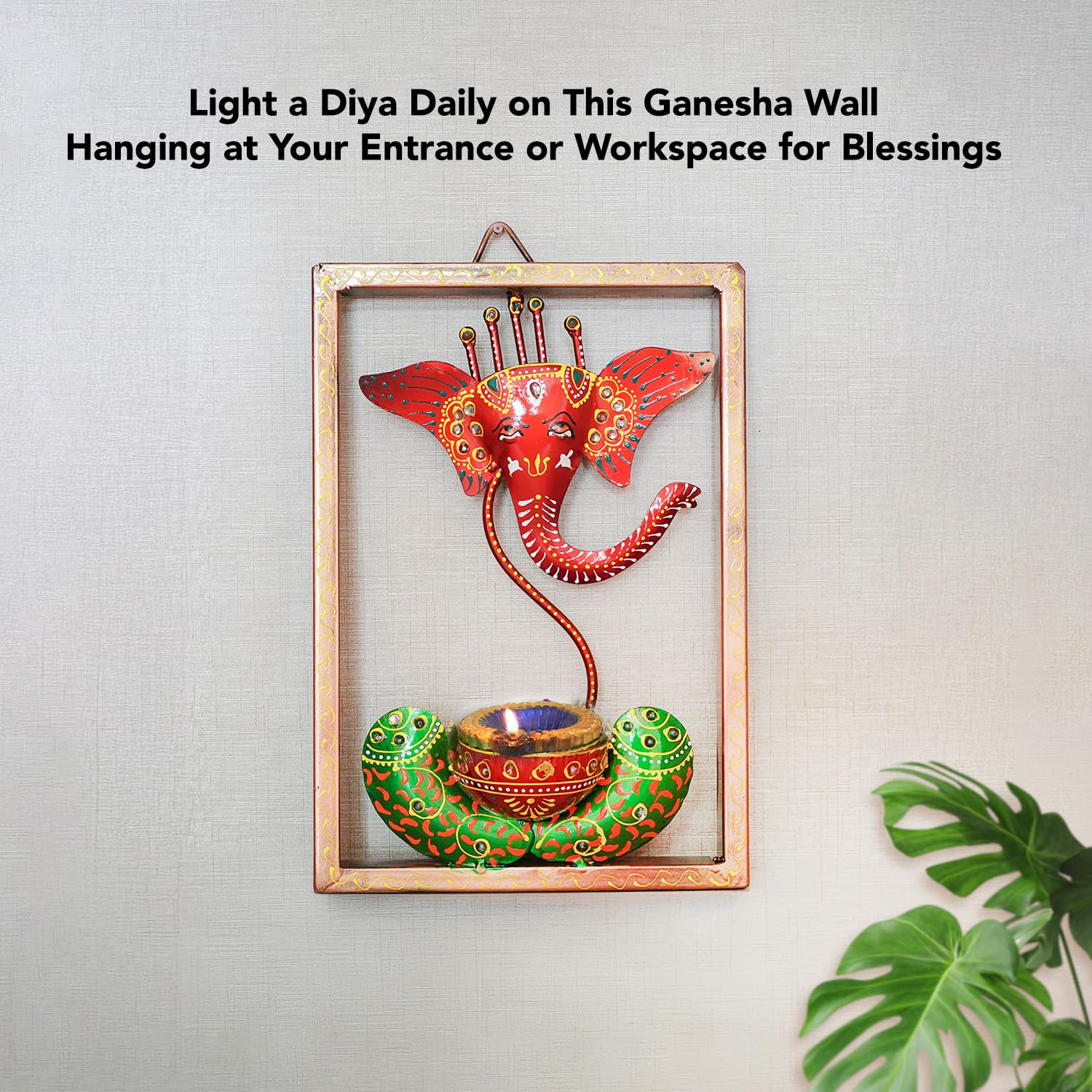 Handcrafted Lord Ganesha Metal Wall Art with Diya Holder – Ethnic Frame Decor