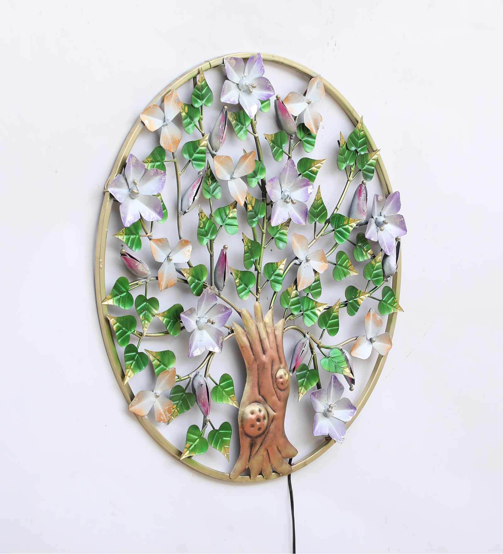 Floral Harmony Round Metal Wall Art with LED Lights