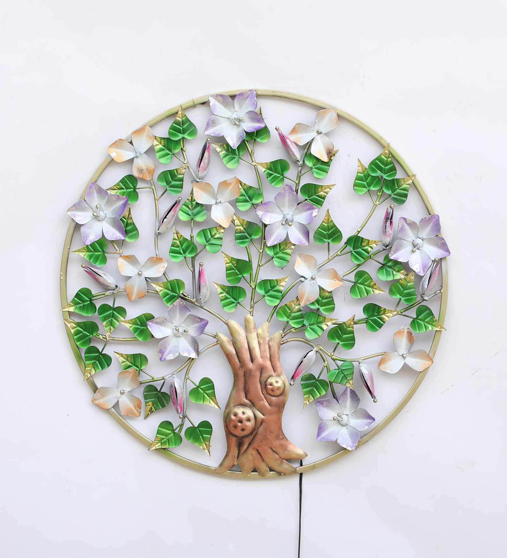 Floral Harmony Round Metal Wall Art with LED Lights