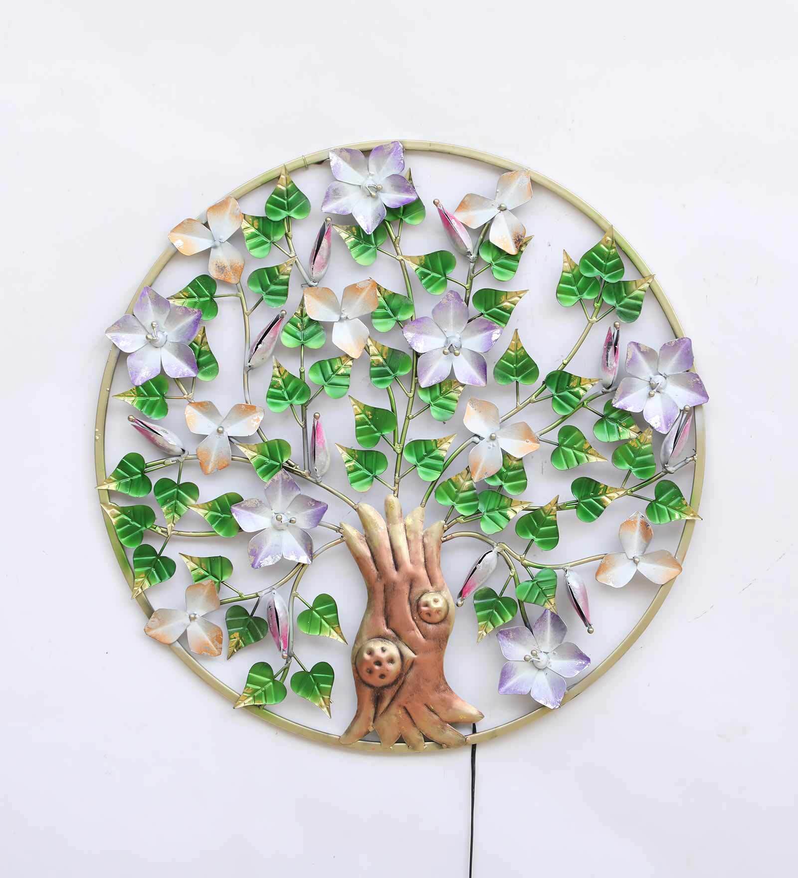 Floral Harmony Round Metal Wall Art with LED Lights