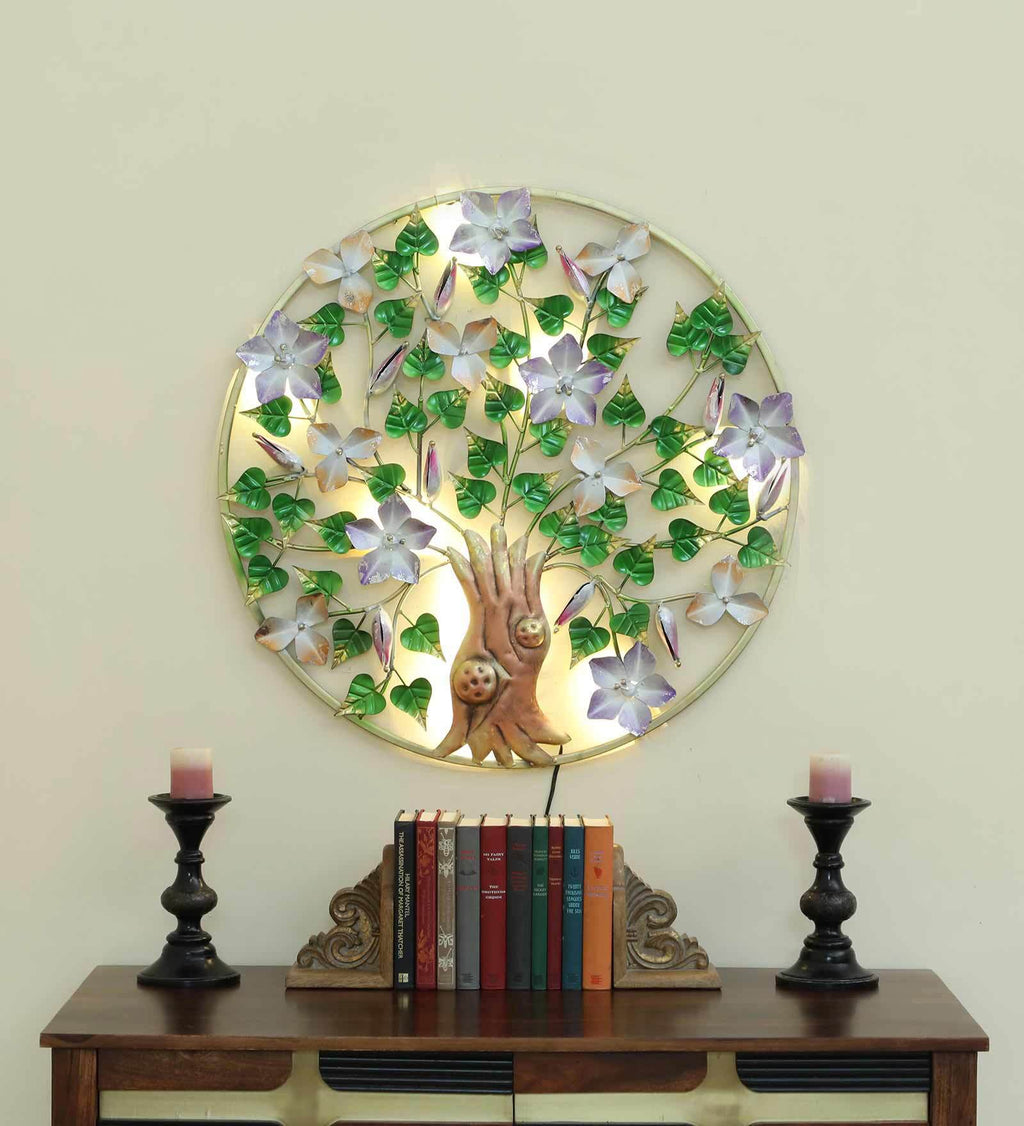 Floral Harmony Round Metal Wall Art with LED Lights