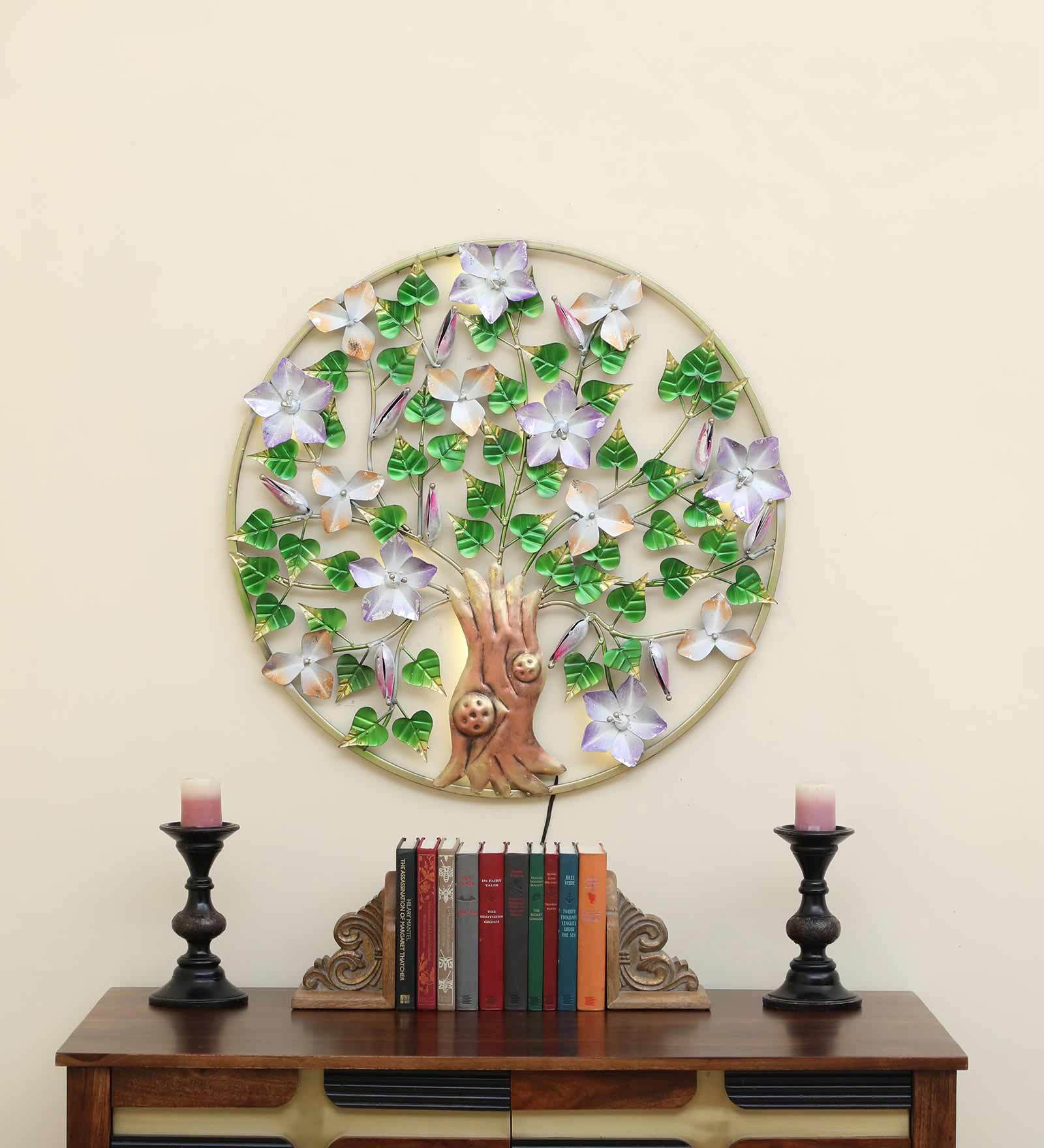 Floral Harmony Round Metal Wall Art with LED Lights
