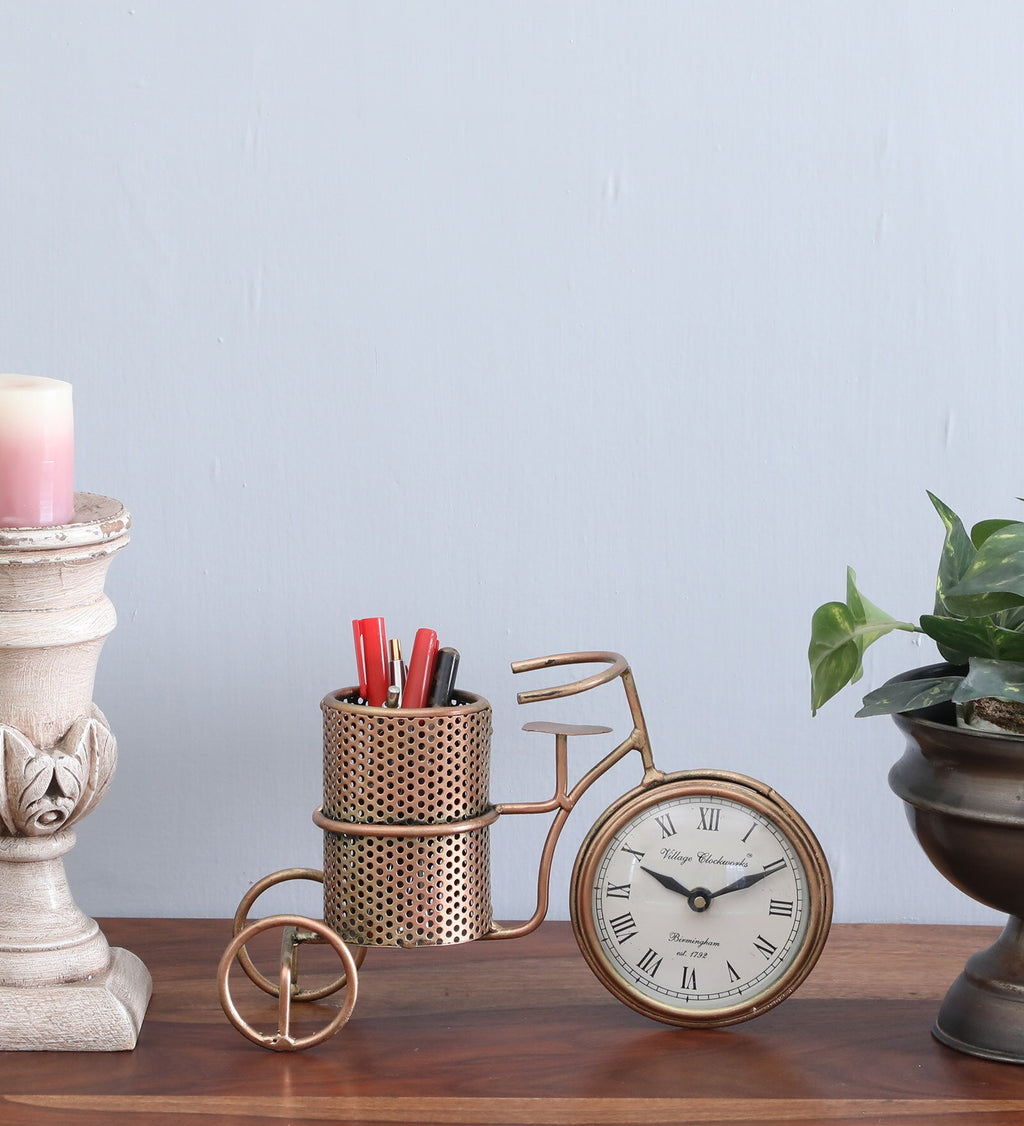 Vintage Tricycle Pen Stand with Clock – Antique Brass Finish